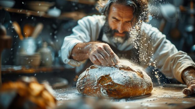 Foto bäcker streut zucker auf ein brot