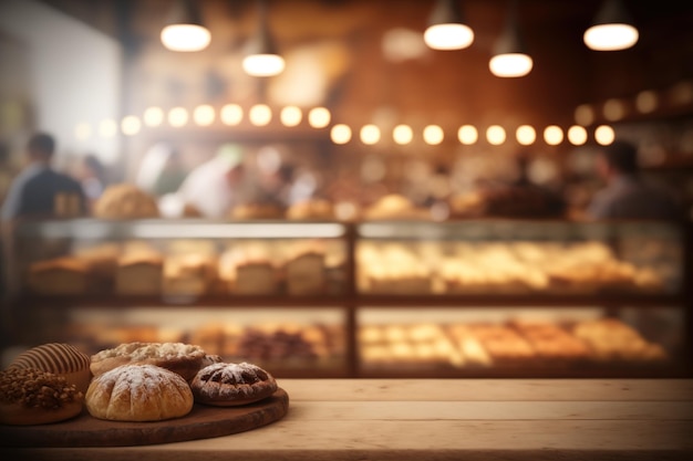 Foto bäckerei-innenraum, heller, verschwommener hintergrund, gebäck auf einem verschwommenen hintergrund, generative ki