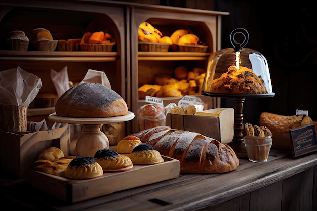 Bäckerei-Interieur mit Verkaufstheken voller köstlichem Brot und Gebäck. Kaufen Sie eine Konditorei oder b