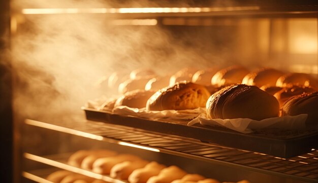 Bäckerei mit heißem frischen Brot und Gebäck in der Altstadt Bäckerei frisch gebackene Produkte auf Regalen und im Ofen kleines lokales Geschäft und Lebensmittelproduktion