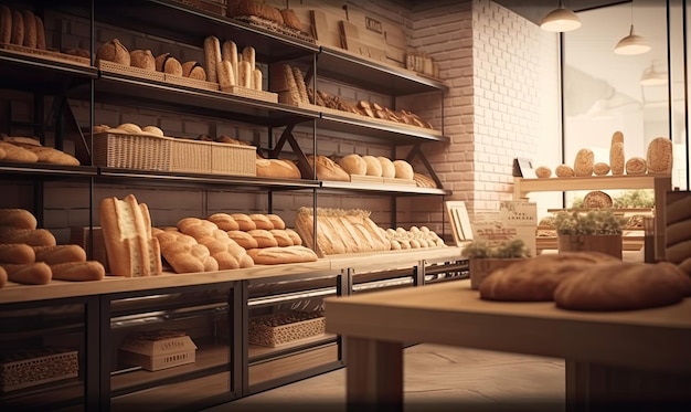 Bäckerei mit Holzwand-Parketboden, Vielfalt an Brotbrötchen, generative KI