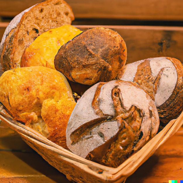 Bäckerei mit verschiedenen Arten von frisch gebackenem Brot Brötchen Baguette Bagel süßes Brot und Croissant Nahaufnahme 3D-Darstellung