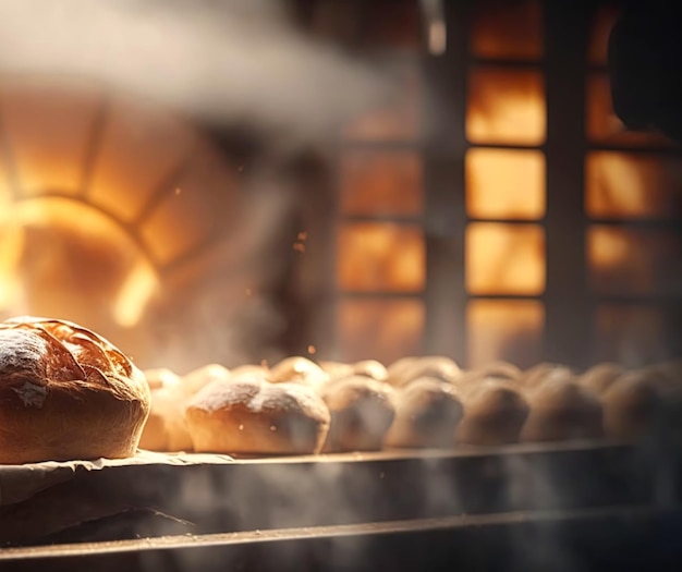 Foto bäckerei morgens warmes frisches brot und gebäck backen in der altstadtbäckerei frisch gebackene produkte in regalen und im ofen kleine lokale unternehmen und lebensmittelproduktion generative ai