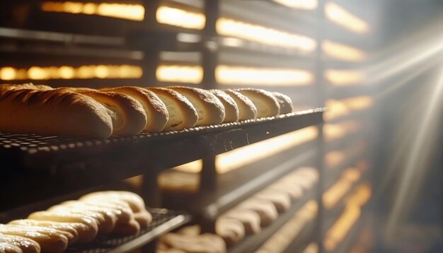 Foto bäckerei morgens warmes frisches brot und gebäck backen in der altstadtbäckerei frisch gebackene produkte in regalen und im ofen kleine lokale unternehmen und lebensmittelproduktion generative ai