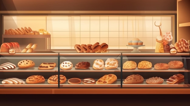 Foto bäckerei-vitrine mit köstlichen frischen backwaren, brötchen, brot, langen laiben und kuchen, die von perarni ai erstellt wurden