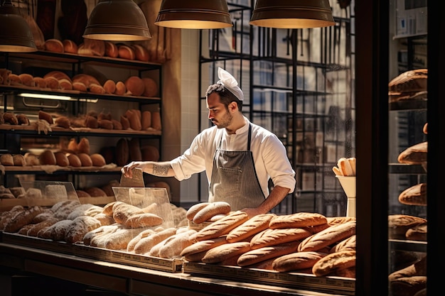 Foto bäckereifenster ein bäcker formt geschickt eine baguette, die von regalen mit frisch gebackenem brot umgeben ist