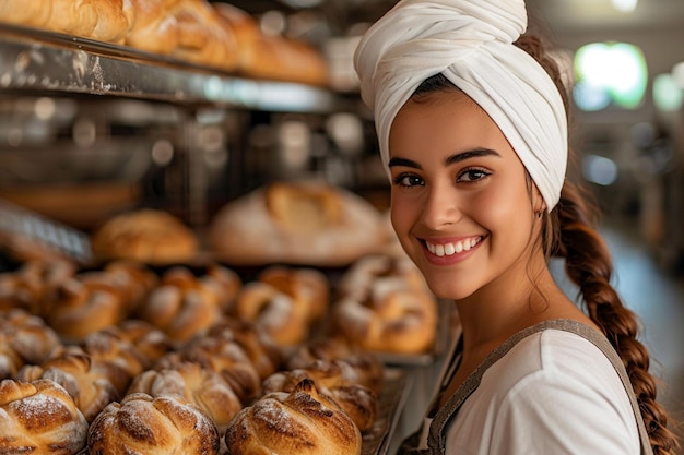 Bäckerin blickt lächelnd in den Küchenofen mit Brot oder Gebäck