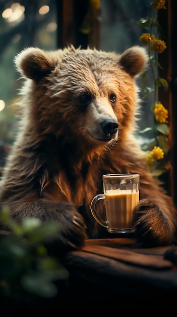 Bär genießt einen gemütlichen und entzückenden Moment bei einer Tasse Kaffee