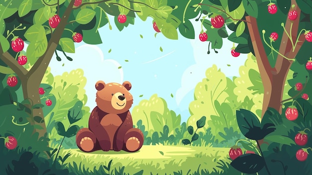 Bär in einem märchenhaften Wald mit Himbeeren Illustration