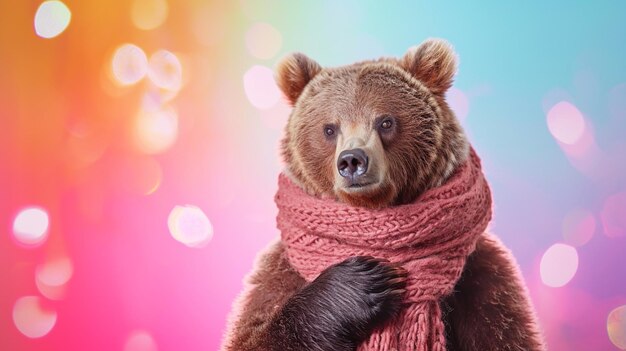 Bär und Schal im Studio mit buntem und hellem Hintergrund Niedlicher Grizzlybär AI Generativ