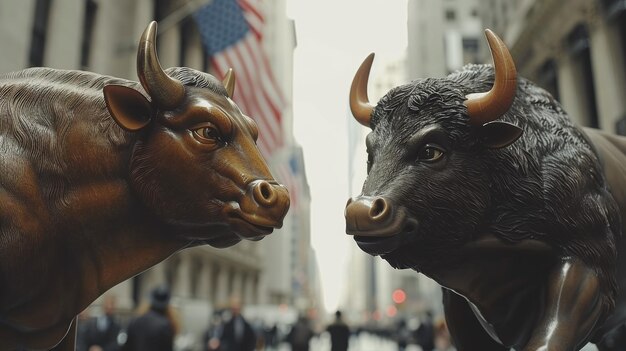 Bären- und Stiermarktfall und Aufstieg der Kryptowährung Bitcoin Aktienhandel Broker Finanzen und Investitionen Skulptur der Konfrontation zwischen einem Bären und einem Stier in einer Kryptohandelsstrategie