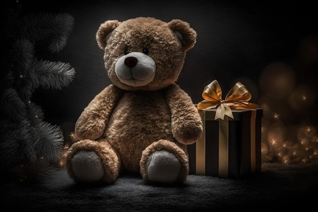 Bärenspielzeug, das mit Geschenken auf Weihnachtshintergrund sitzt