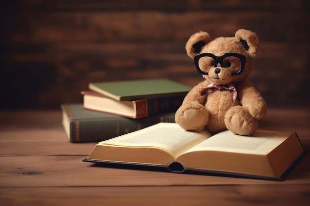 Bärenspielzeug mit Brille auf einem offenen Buch