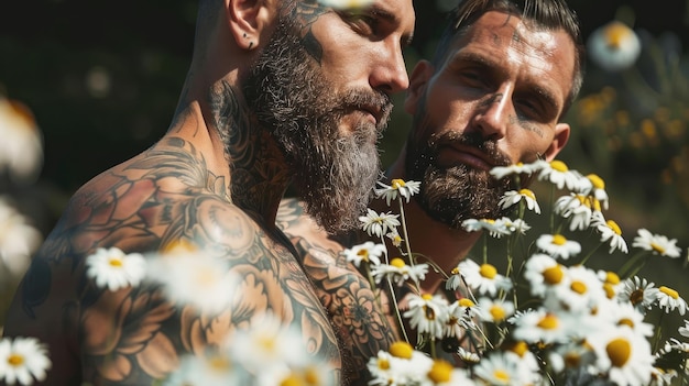 Foto bärtige tätowierte mit blühenden gänseblümchen verflochten