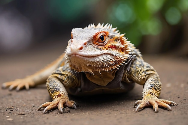 Bärtiger Drache auf dem Boden mit verschwommenem Hintergrund