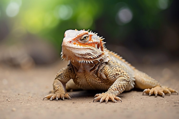 Bärtiger Drache auf dem Boden mit verschwommenem Hintergrund