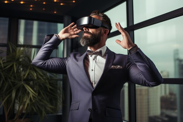 Bärtiger Geschäftsmann mit Virtual-Reality-Brille im Heimbüro