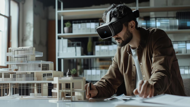 Foto bärtiger männlicher architekt mit virtual-reality-headset arbeitet an einem architektonischen projekt in einem modernen büro