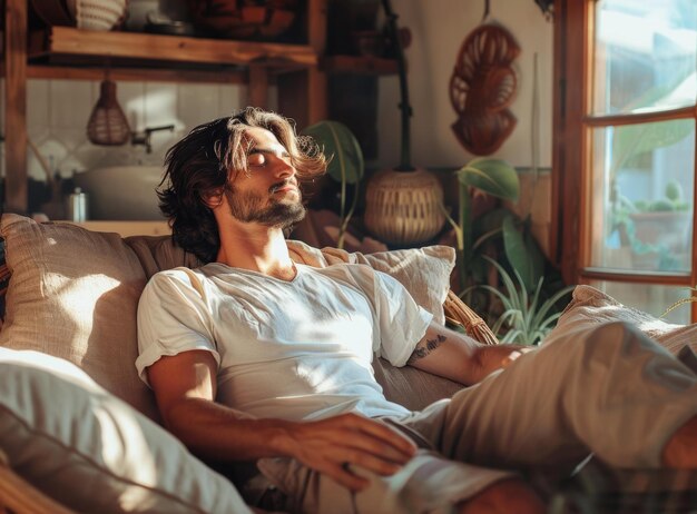 Foto bärtiger mann entspannt sich in einem gemütlichen wohnzimmer