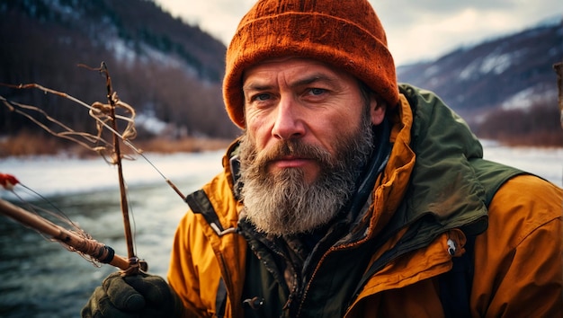 Bärtiger Mann fischt im Schnee