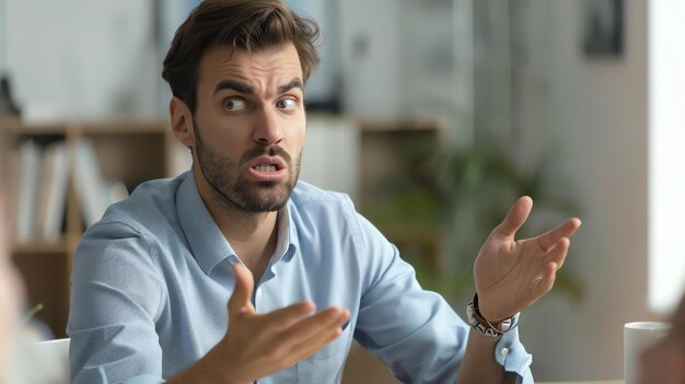 Foto bärtiger mann in blauem hemd, der schockiert aussieht und mit den händen gebärdet, während er am tisch im büro sitzt