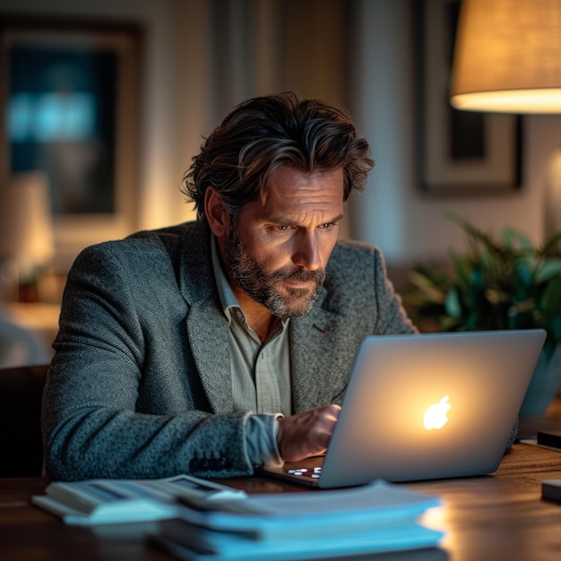 Bärtiger Mann in einem Anzug arbeitet an seinem Laptop an einem Schreibtisch.