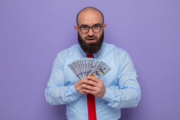 Bärtiger Mann in roter Krawatte und blauem Hemd mit Brille, der Bargeld hält und fröhlich glücklich und aufgeregt lächelt