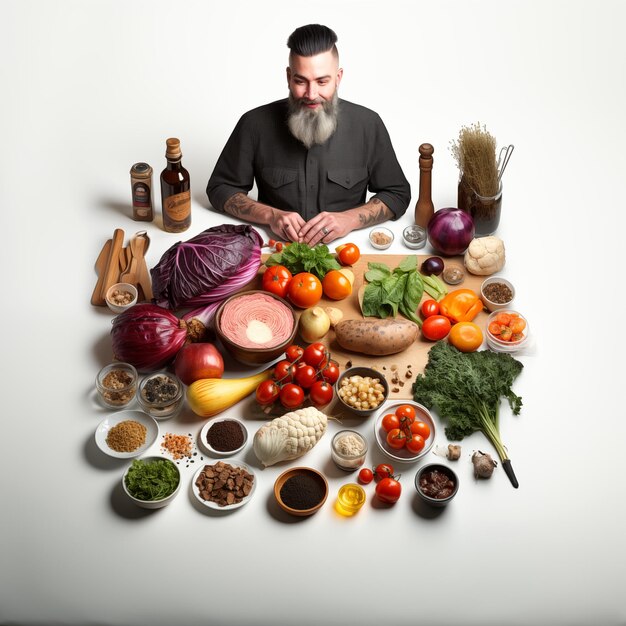 Foto bärtiger mann kocht gesundes essen mit gemüse und gewürzen auf weißem hintergrund