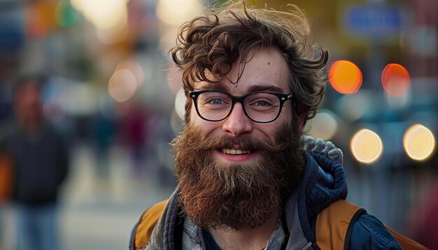 Bärtiger Mann mit Brille lacht fröhlich in städtischer Umgebung