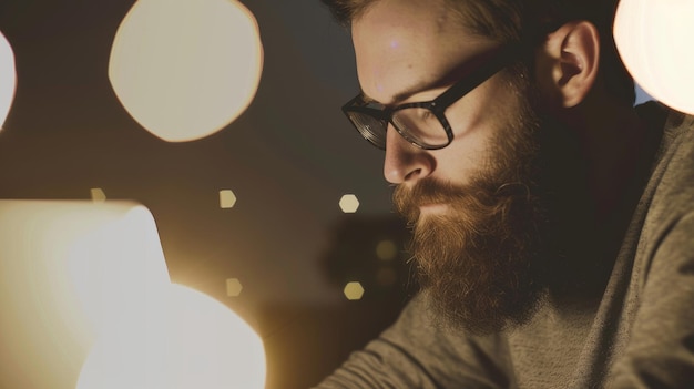 Bärtiger Mann mit Brille schaut auf Laptop