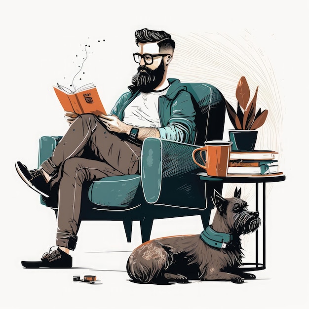 Bärtiger Mann mit Brille und stylischer Frisur in Jugendkleidung sitzt auf einem Sessel und liest ein Buch AI Generated