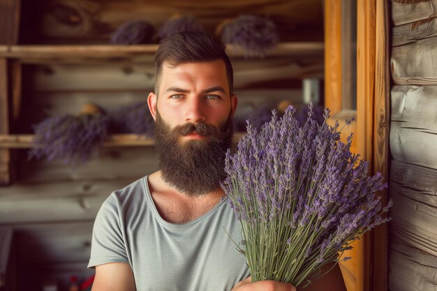 Bärtiger Mann mit einem Bouquet aus Lavendel in rustikaler Umgebung