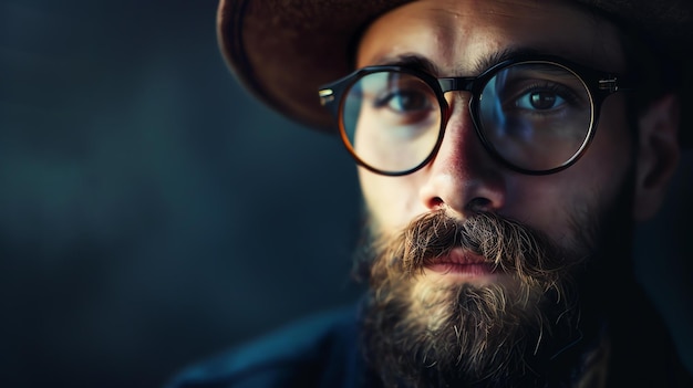 Foto bärtiger mann mit hut und brille, der mit ernsthaftem gesichtsausdruck in die kamera schaut