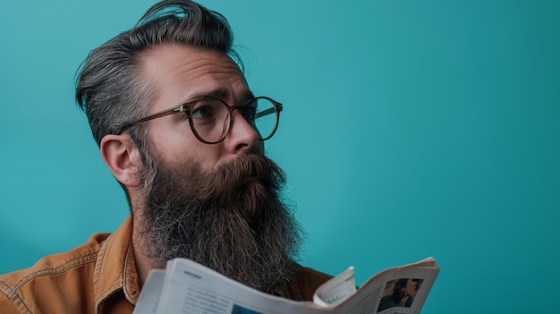 Bärtiger Mann mit schockierendem Gesichtsausdruck liest Zeitung vor einem blaufarbenen Hintergrund Konzept der Nachrichtenwirkung und Informationsüberlastung