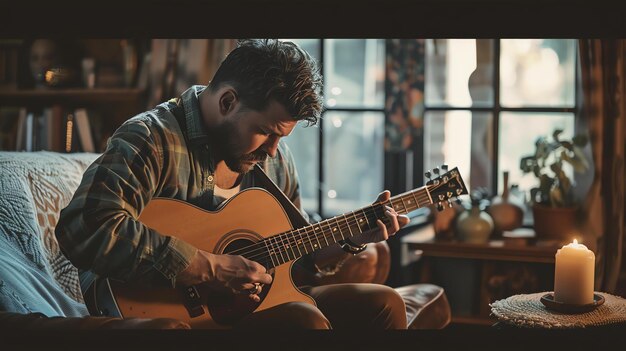 Bärtiger Mann spielt Gitarre und singt in einem gemütlichen Wohnzimmer