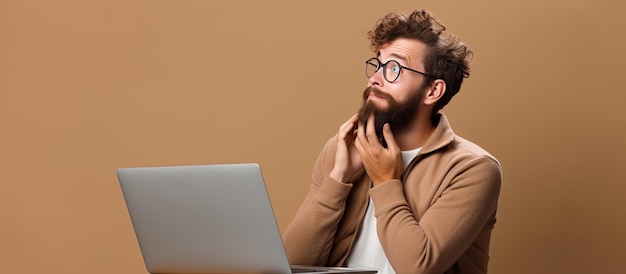 Bärtiger Mann träumt und sucht Platz auf dem Laptop