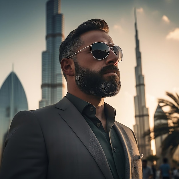 Bärtiger Mann vor Burj Khalifa Generative KI