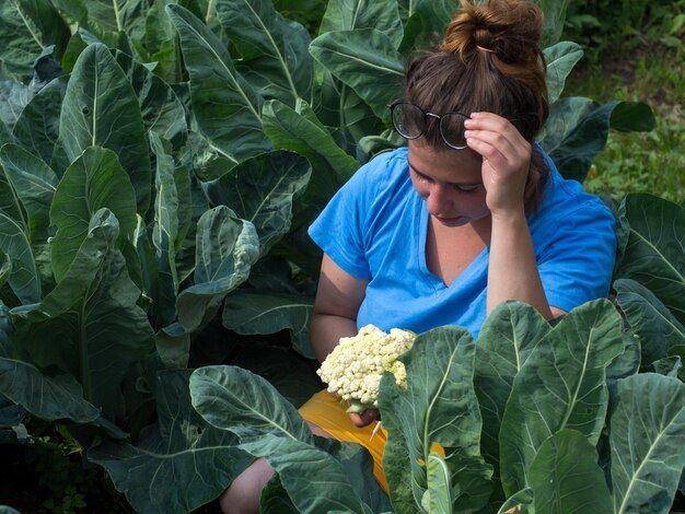 Bäuerin in einem Garten mit Blumenkohl entfernt und überprüft die Kohlernte