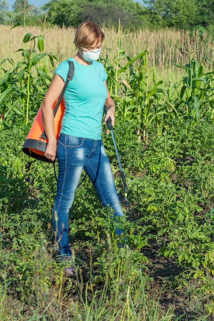 Bäuerin in Jeans und T-Shirt schützt Kartoffelpflanzen vor Pilzkrankheiten oder Ungeziefer mit Drucksprüher im Garten