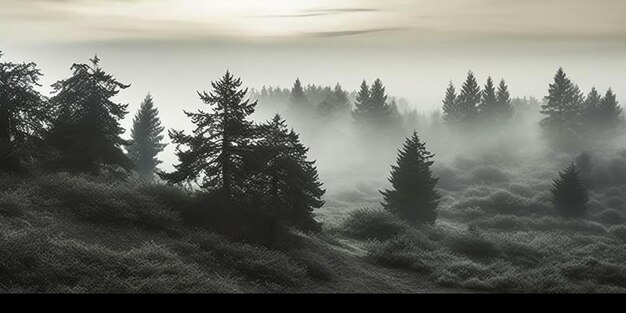 Foto bäume auf einem hügel mit nebel im hintergrund generative ki