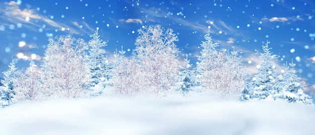 Bäume des blauen Himmels der Winterwaldlandschaft bedeckt durch Schnee, weiße Wolken im Herzsymbol, Schneeflocken