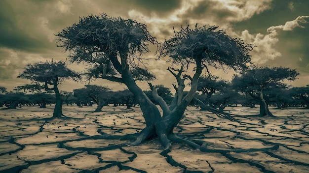 Bäume, die in trockener, zerrissener, trockener Erde in der Trockenzeit wachsen, globale Erwärmung