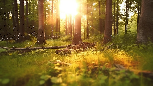 Bäume in einem Wald, eine geheimnisvolle Waldlichtung, Bokeh-Linsenreflexe und Kameraunschärfe im Sonnenlicht ERZEUGNEN KI