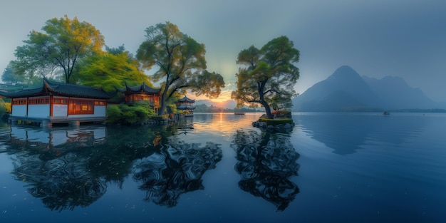 Bäume spiegeln sich im Wasser eines Sees mit einem Boot generativ ai