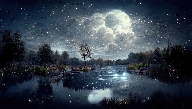 Bäume und ruhiger See im Feuchtgebiet unter bewölktem Himmel mit Sternen