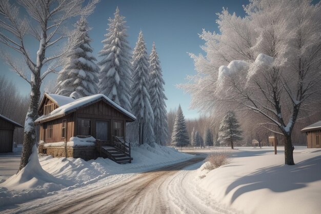 Bäume und Straßen, die im kalten Winter mit Schnee bedeckt sind, Bäude und dicker Schnee auf dem Boden