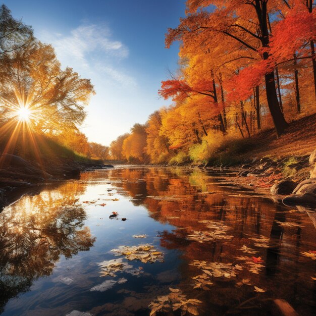 Bäume verwandeln im Herbst ihre Farben und die Sonne geht unter.