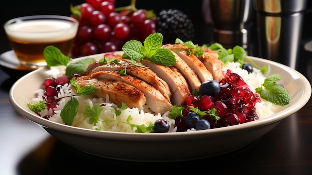 baga de arroz com frango e salada em um prato branco