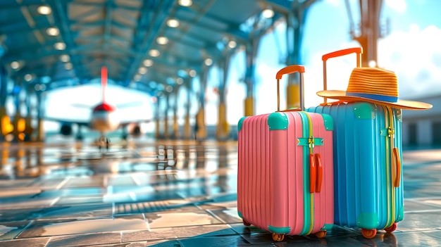 Bagagem colorida em um terminal de aeroporto pronta para viagem Maletas brilhantes em movimento Conceitos de férias e viagens Escena de transporte moderna IA