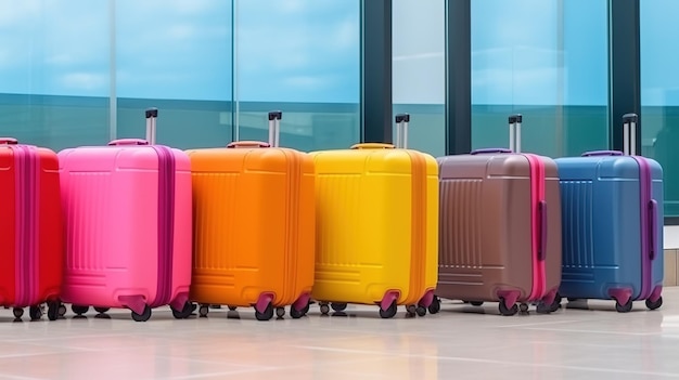 Bagagem colorida no aeroporto para aventuras de férias Generative AI